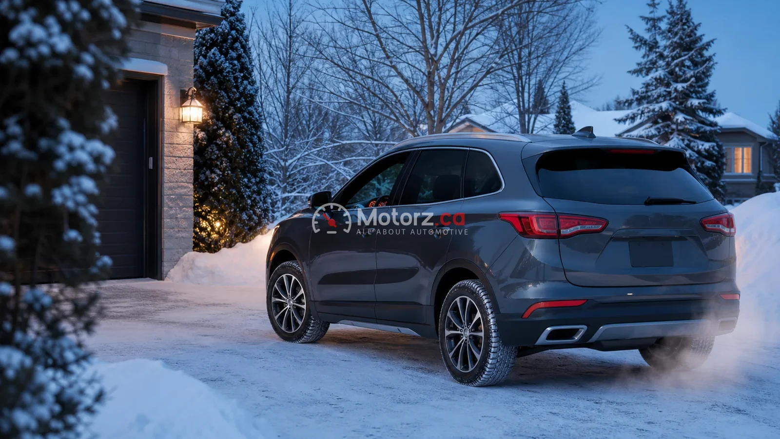 A snow-cleared car idling briefly in a Canadian driveway before winter driving