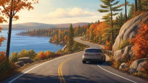 Illustrated vehicle travelling beside a lake and mixed forest in autumn