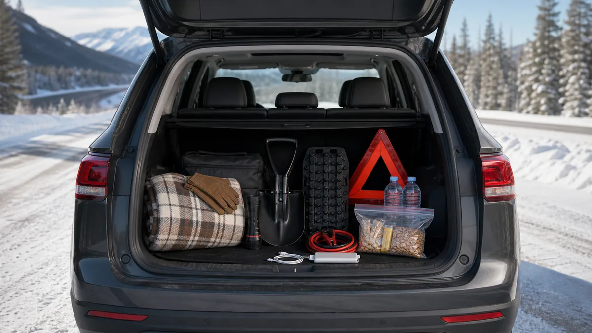 Winter emergency supplies arranged in an open vehicle cargo area beside a snowy Canadian road