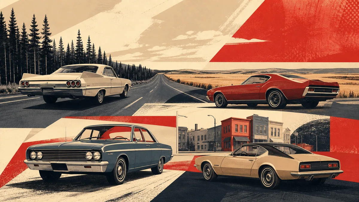 Illustrated collage of fictional classic vehicles in Canadian landscape settings