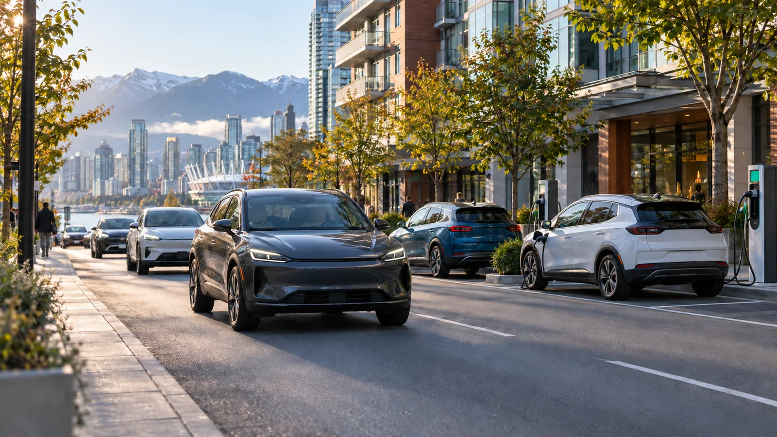 Unbranded electric vehicles travelling and charging on a Canadian urban street