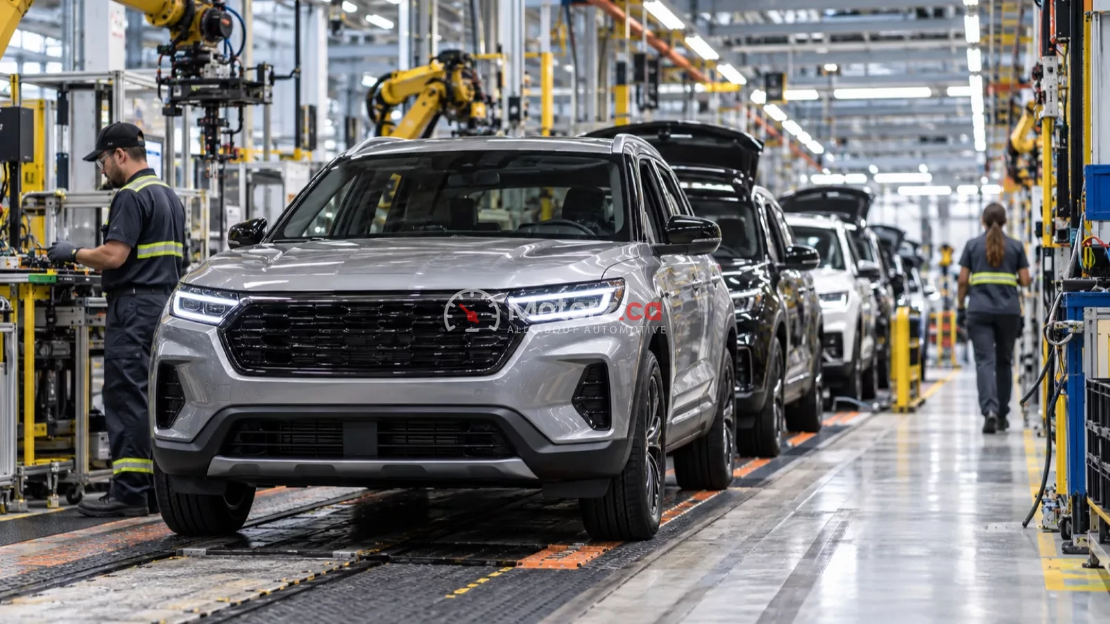 Conceptual unbranded vehicles on a modern automotive assembly line