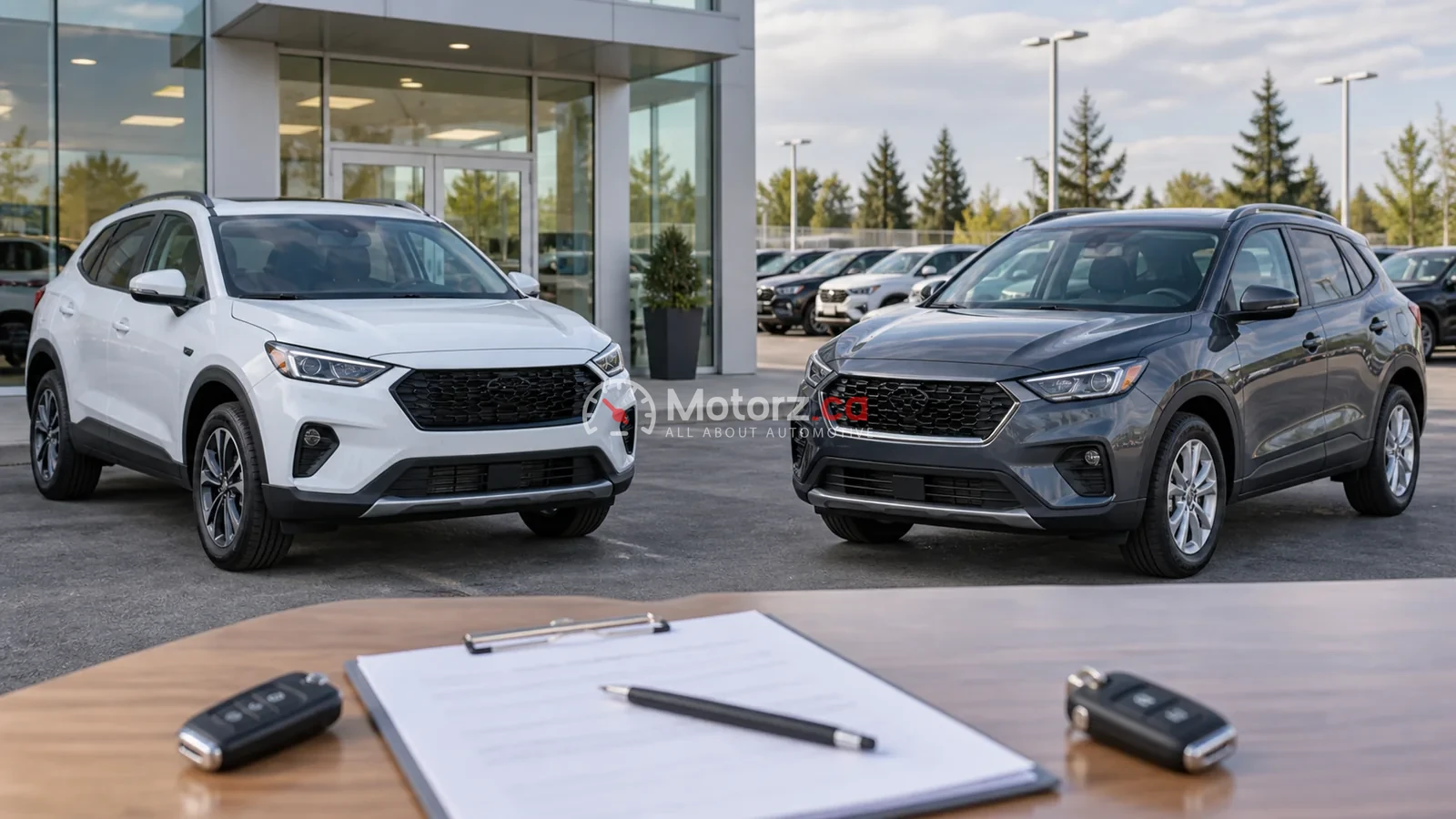 Comparable new and used compact SUVs outside a generic Canadian dealership