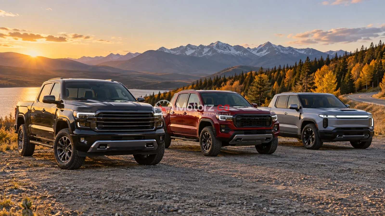 Three unbranded pickup trucks representing different Canadian market segments in a mountain setting