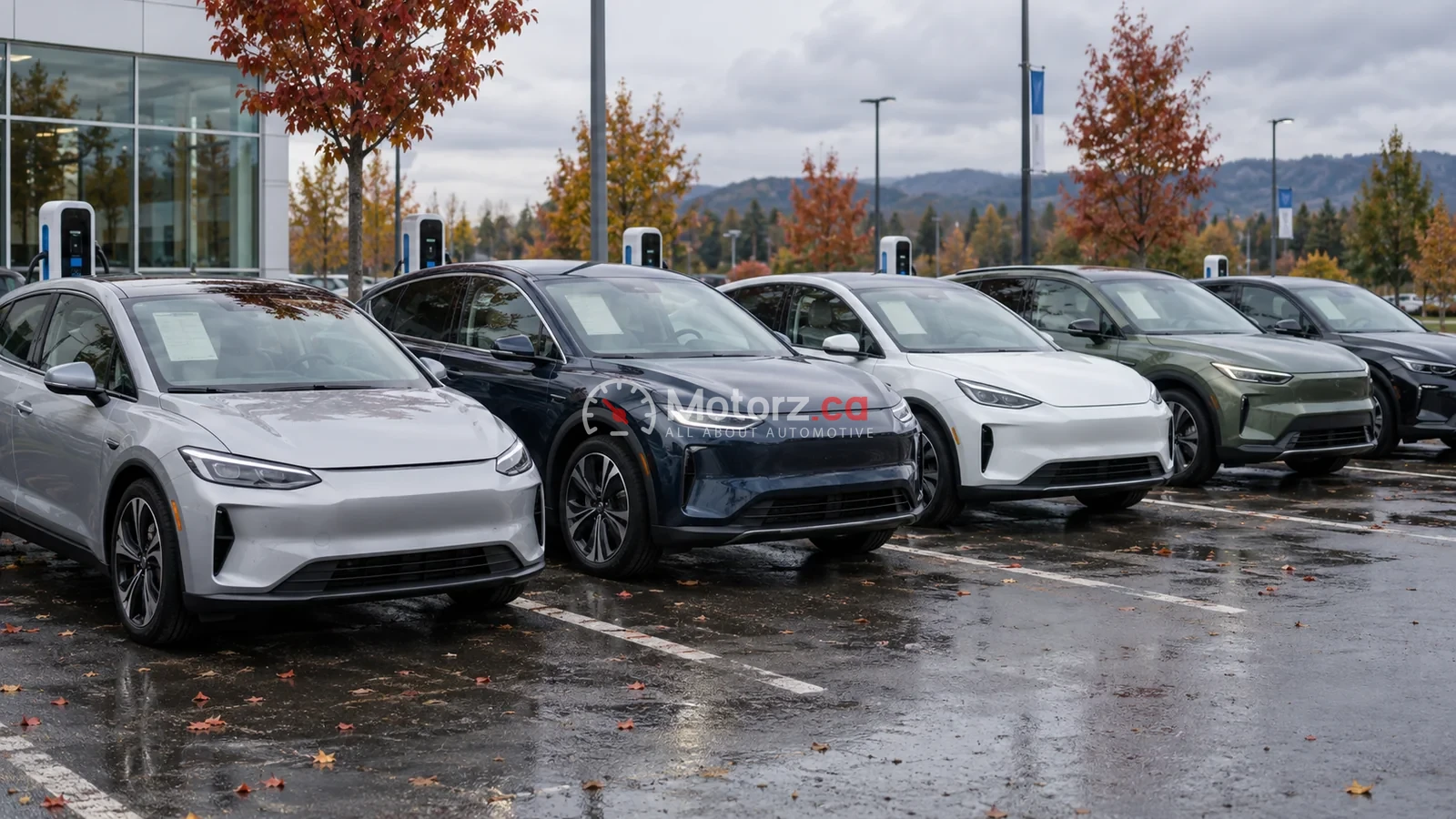 Unbranded used electric cars and crossovers displayed at a Canadian vehicle lot
