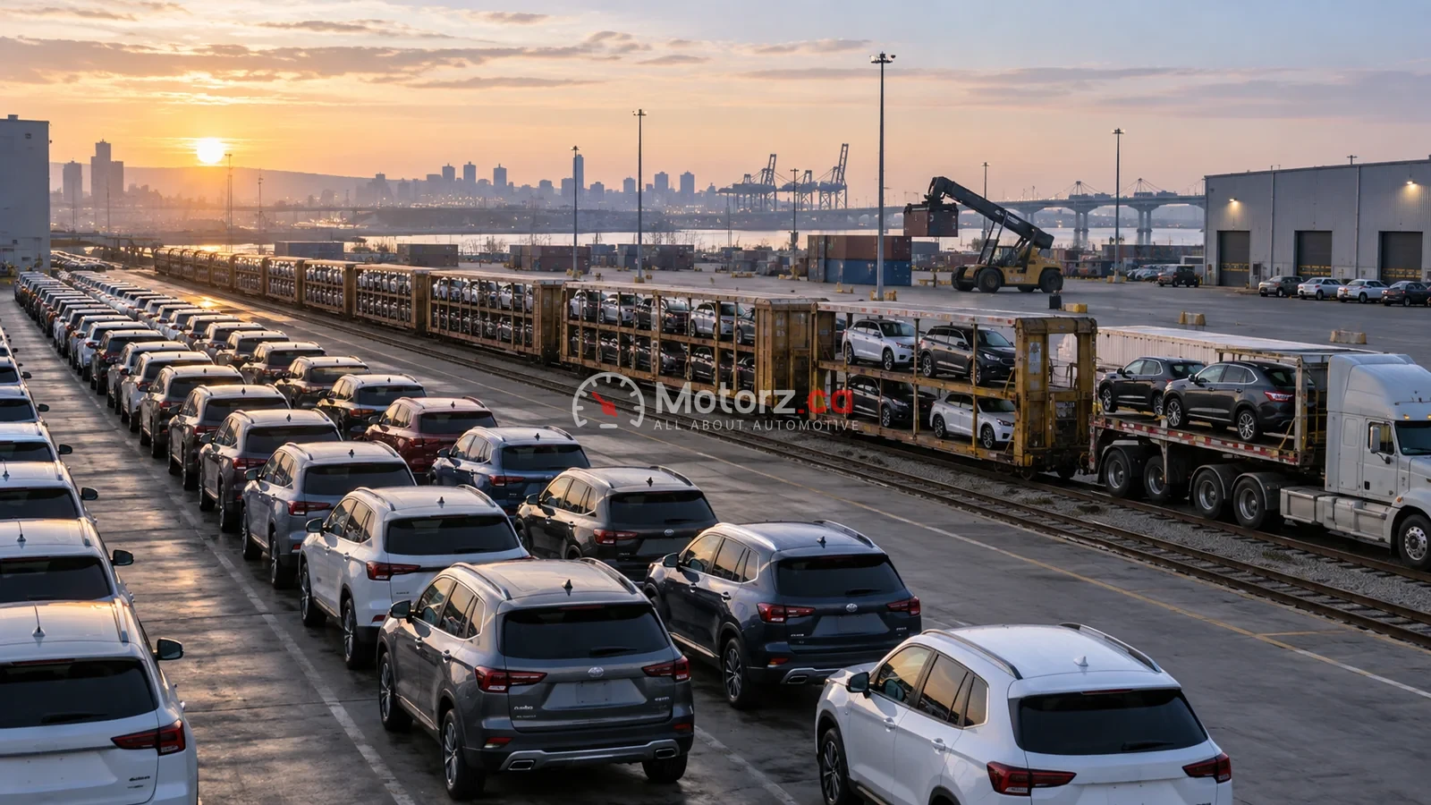 Unbranded vehicles staged at a conceptual Canadian rail and road logistics terminal