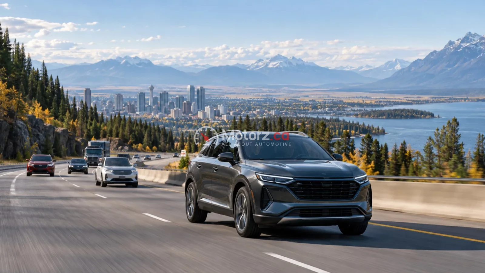 Unbranded vehicles travelling through a conceptual Canadian regional landscape
